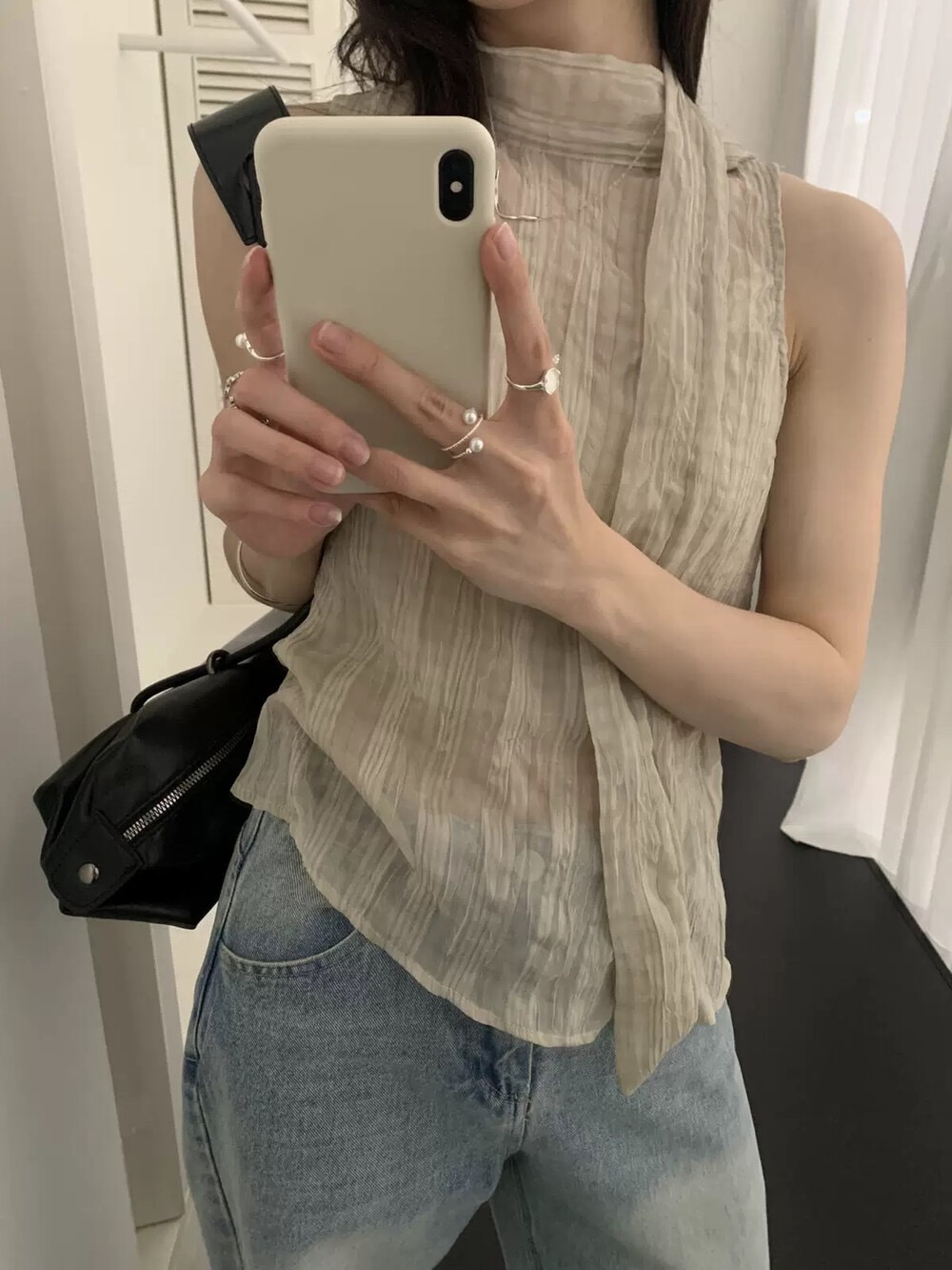 chic 한국 스타일 주름 불규칙 체크무늬 레이스 업 셔츠