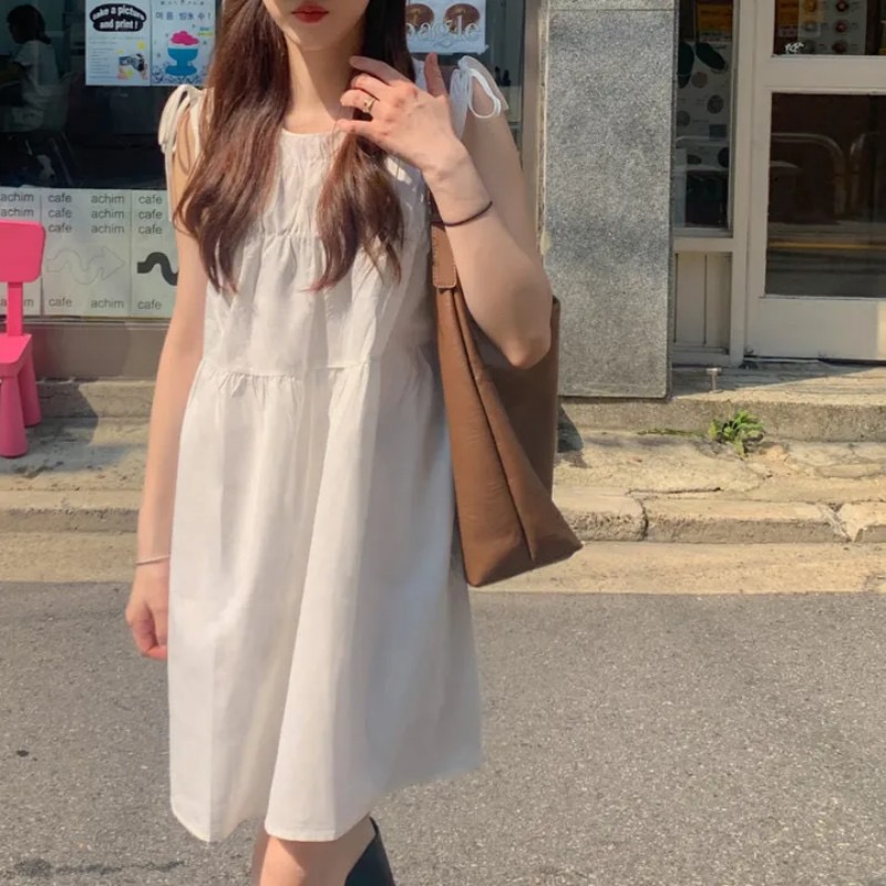 chic 작은 대중 레트로 주름 센스 나비 넥타이 작은 키 민소매 조끼 여성 드레스