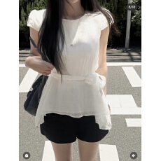 批发有货 chic 东大门新款简约不规则收腰显瘦圆领<b class='q'>雪纺</b><b class='q'>衫</b>
