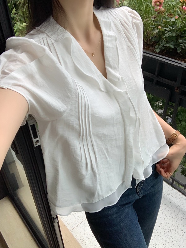 chic 한국 스타일 프릴 반팔 싱글 줄 버튼 페이크 레이어드 셔츠