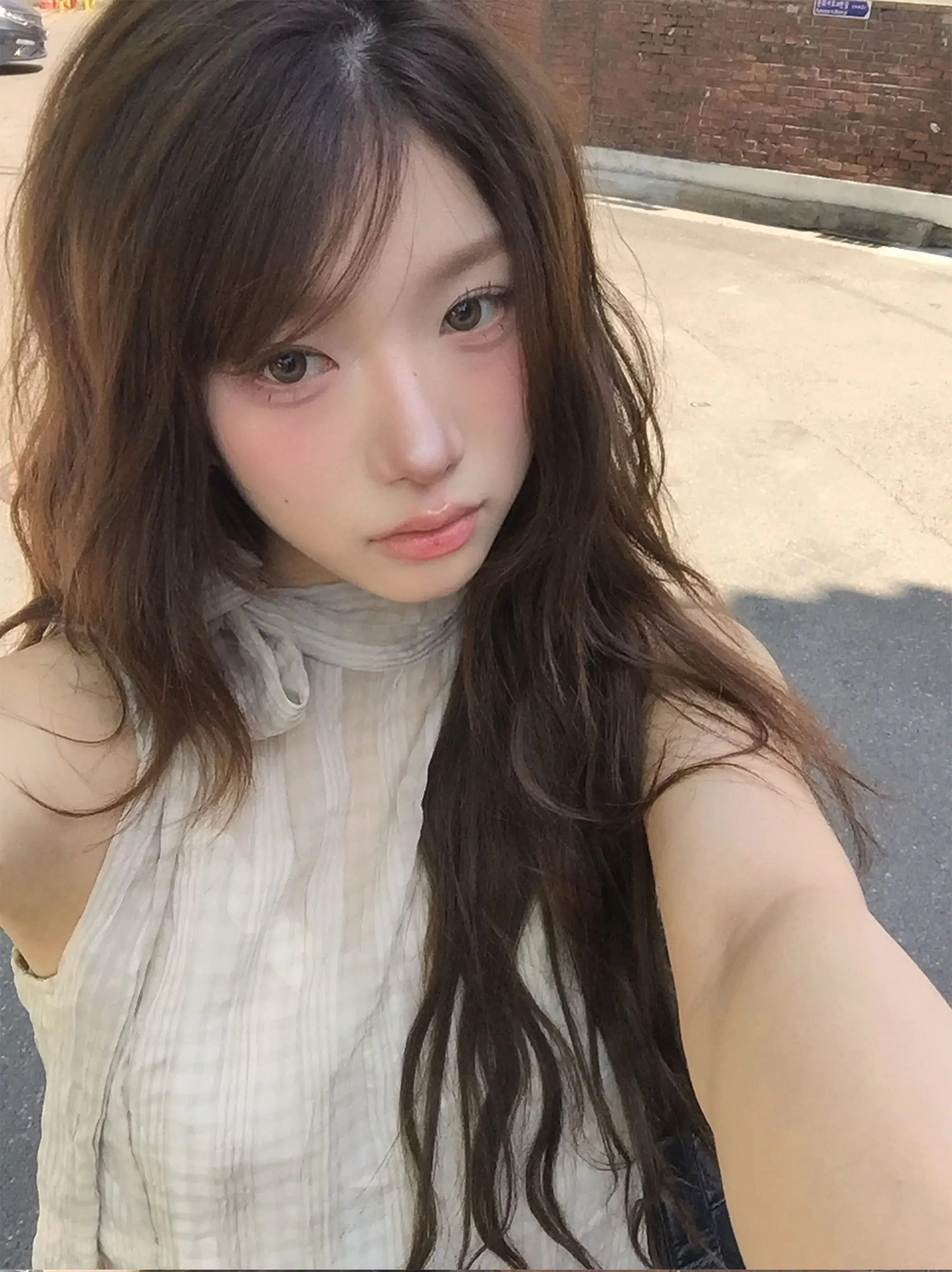 레트로 스탠드 칼라 홀터넥 리본 타이 주름 체크 민소매 셔츠 상세 이미지 12