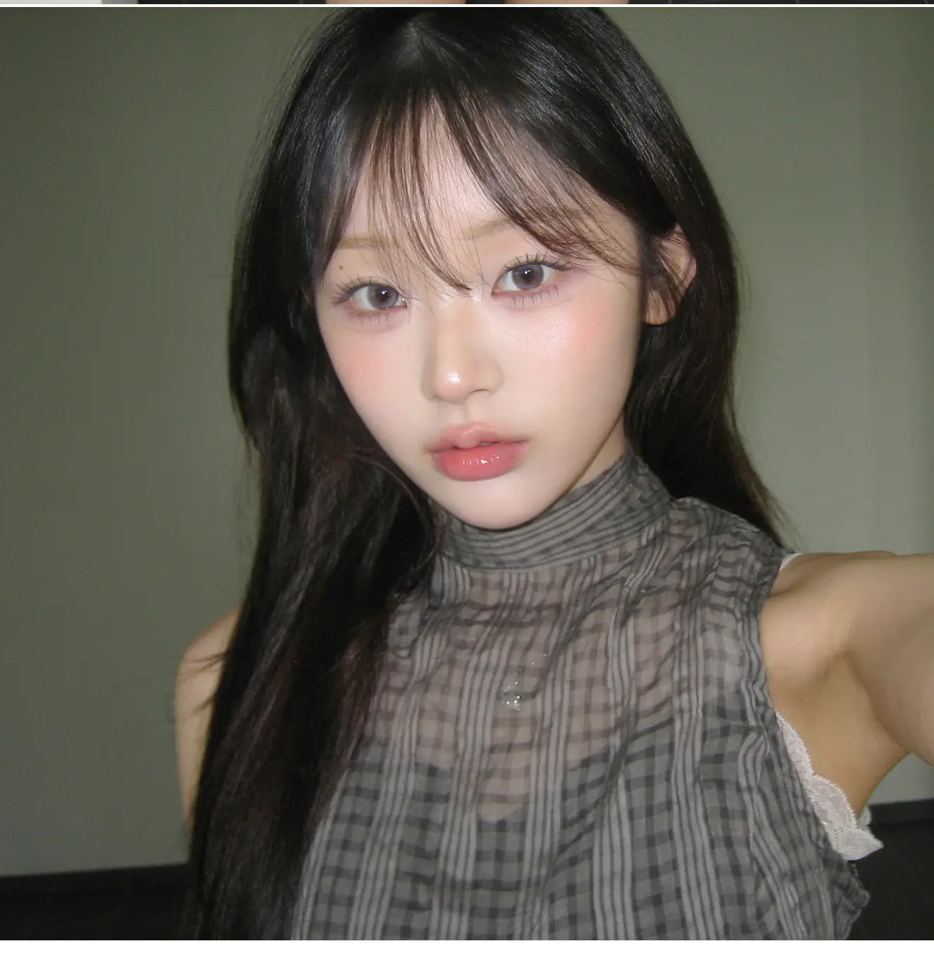 레트로 스탠드 칼라 홀터넥 리본 타이 주름 체크 민소매 셔츠 상세 이미지 22