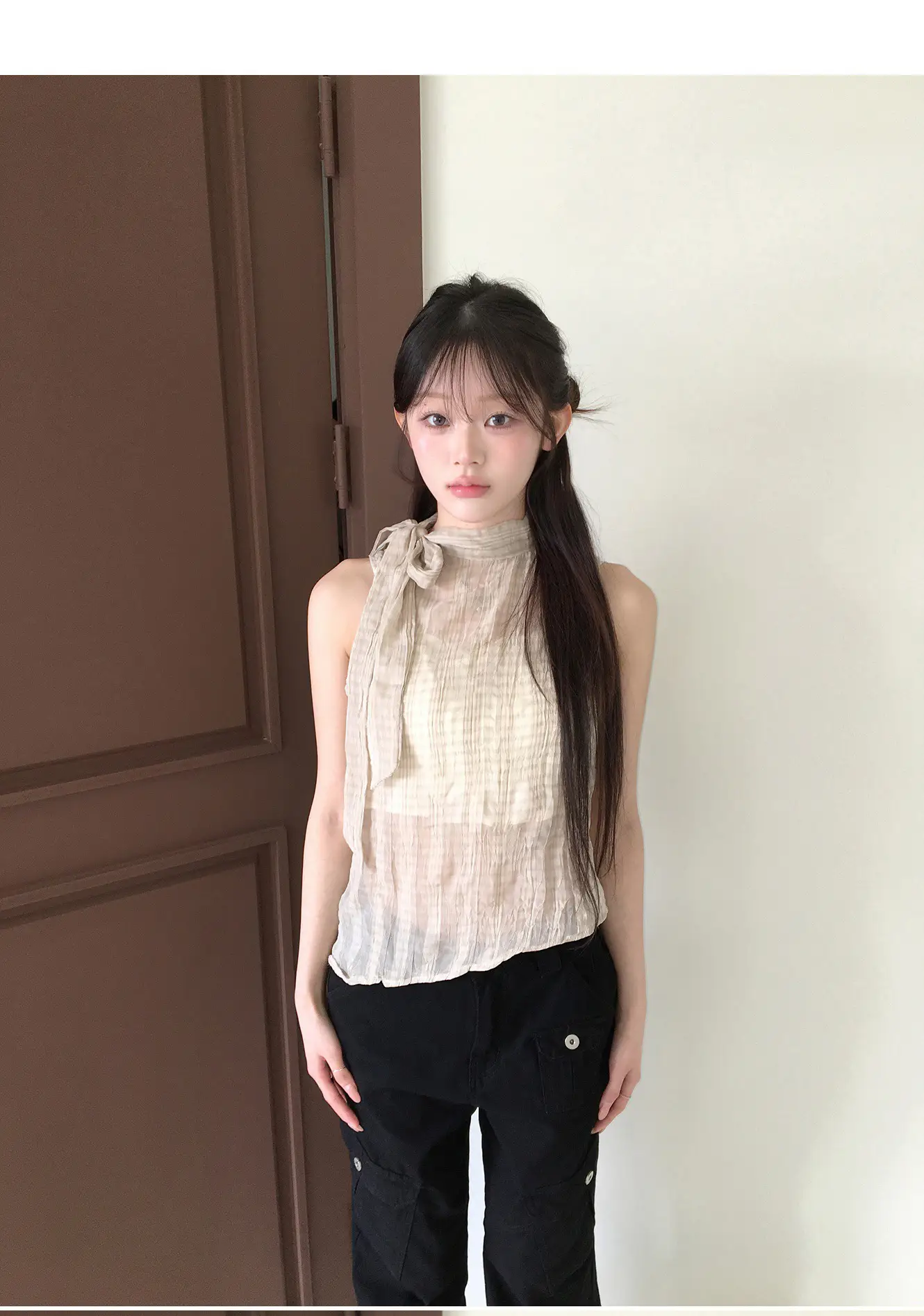 레트로 스탠드 칼라 홀터넥 리본 타이 주름 체크 민소매 셔츠 상세 이미지 24