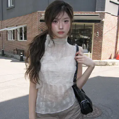 레트로 스탠드 칼라 홀터넥 리본 타이 주름 체크 민소매 셔츠 상세 이미지 26