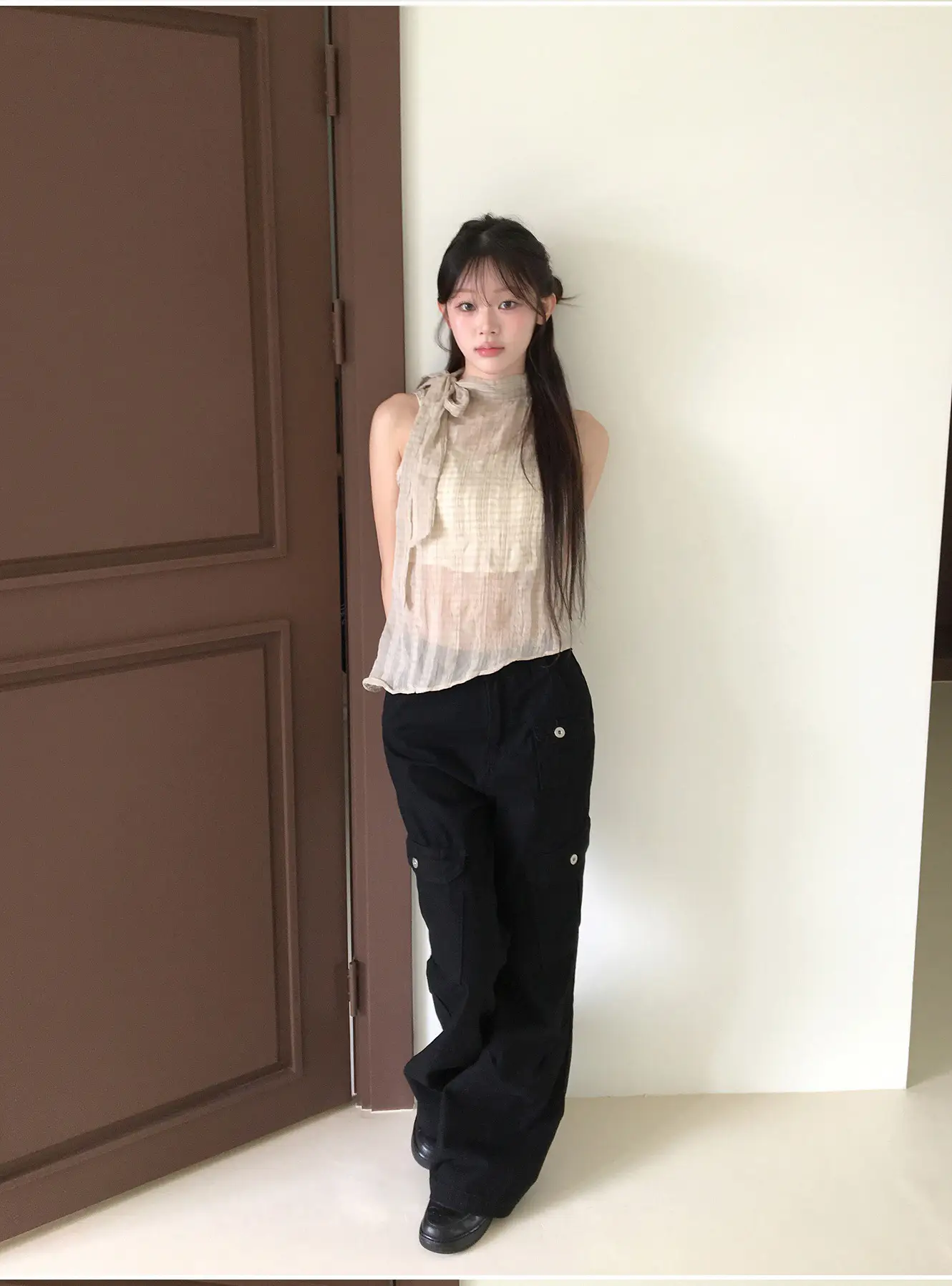 레트로 스탠드 칼라 홀터넥 리본 타이 주름 체크 민소매 셔츠 상세 이미지 27