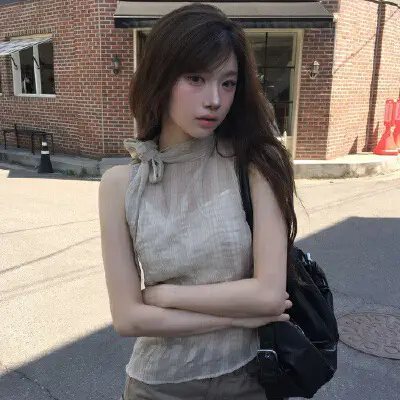 레트로 스탠드 칼라 홀터넥 리본 타이 주름 체크 민소매 셔츠 상세 이미지 30