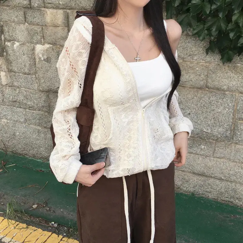 크로셰 오픈워크 지퍼 니트 후드 가디건 상세 이미지 7