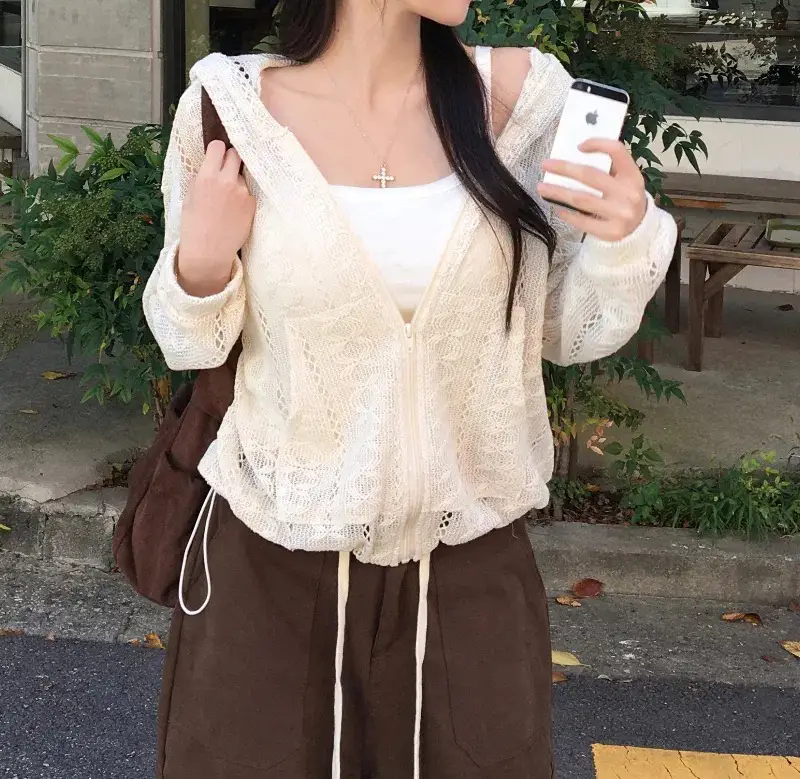 크로셰 오픈워크 지퍼 니트 후드 가디건 상세 이미지 9