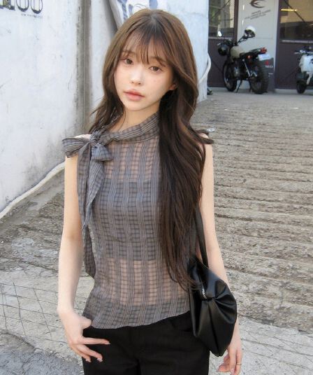 chic 한국 스타일 주름 불규칙 체크무늬 레이스 업 셔츠