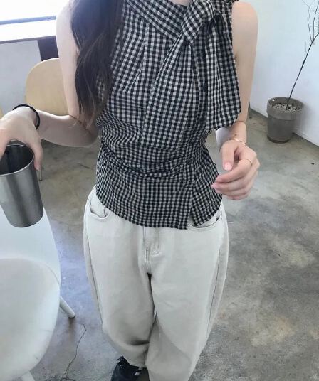 재고 있음 chic 한국 스타일 불규칙 레이스업 체크무늬 조끼