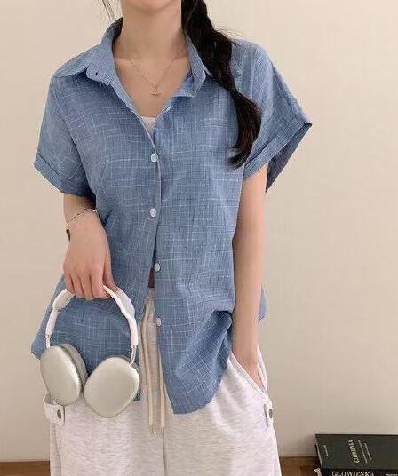 재고 있음 chic 루즈핏 탑 옷깃 볼륨 측면 가을 어깨 소매 반팔 격자 무늬 셔츠