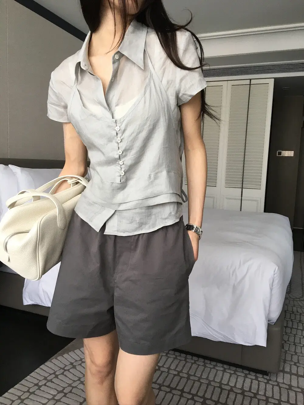 폴드 칼라 홀터넥 세트 반소매 셔츠 상세 이미지 1