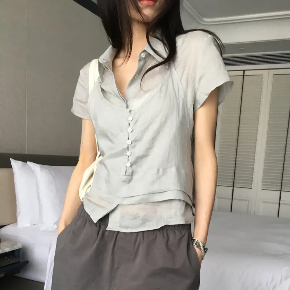 폴드 칼라 홀터넥 세트 반소매 셔츠 상세 이미지 5