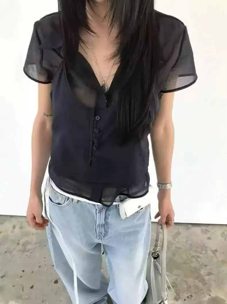 폴드 칼라 홀터넥 세트 반소매 셔츠 상세 이미지 6