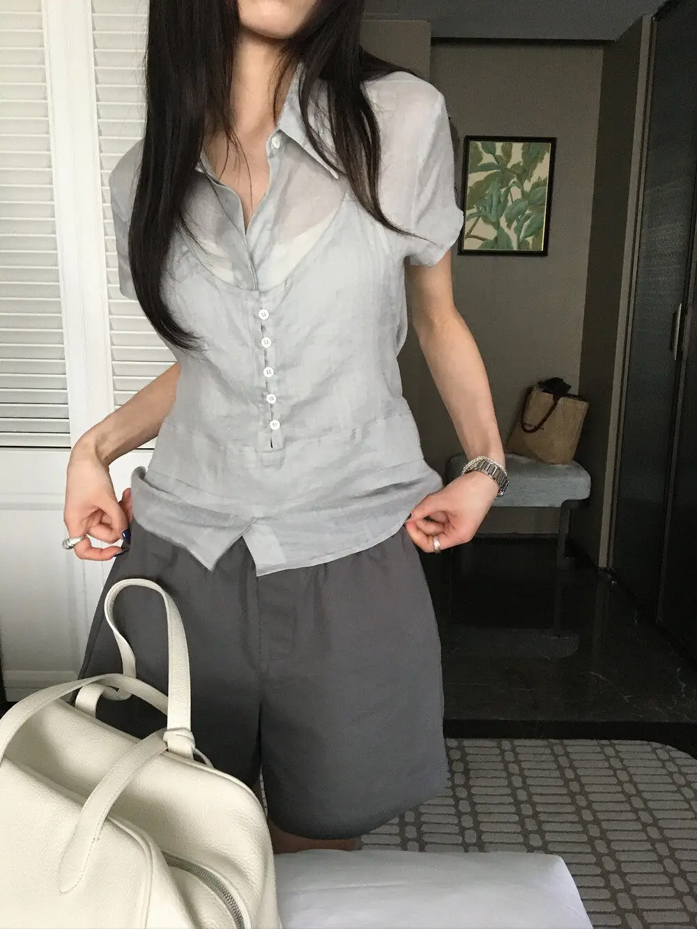 폴드 칼라 홀터넥 세트 반소매 셔츠 상세 이미지 10