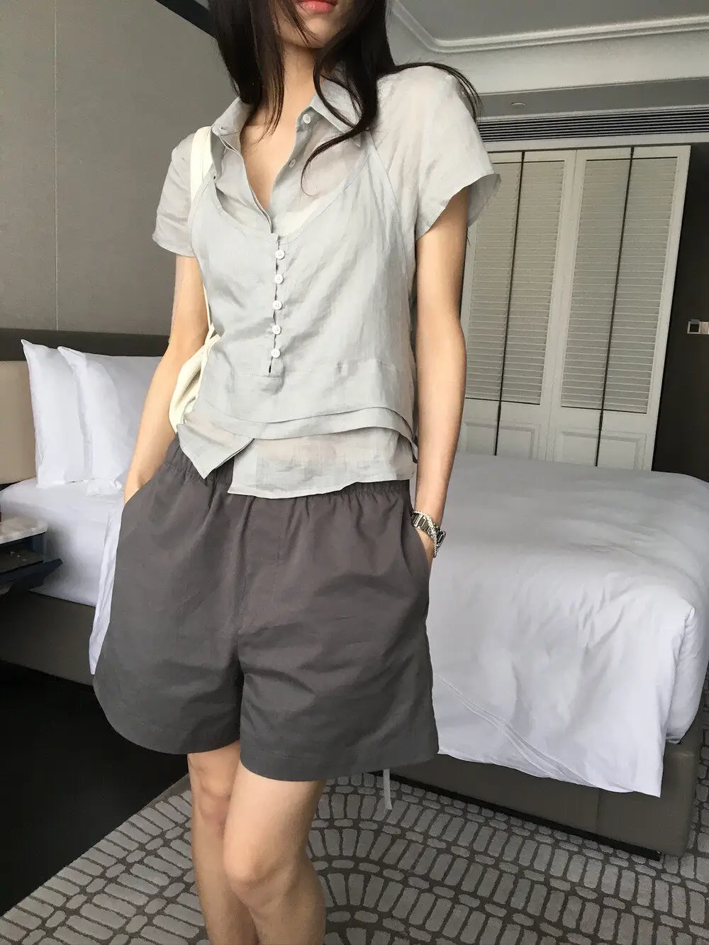폴드 칼라 홀터넥 세트 반소매 셔츠 상세 이미지 11