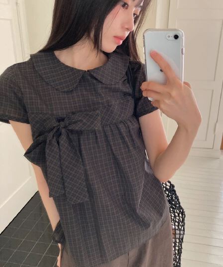 재고 있음 chic 한 여름 귀신 부서 소녀 레트로 디자인 센스 체크무늬 나비 매듭 베이비 칼라 셔츠