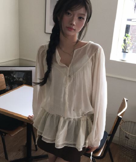 재고 있음 chic 한국 디자인 센스 펌프 로프 허리 수축 프릴 셔츠