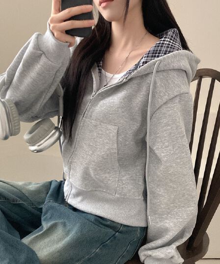 재고 있음 chic 캐주얼 품격 루즈핏 다용도 체크무늬 패치워크 단색 후드 티 스웨터 지퍼 긴팔 재킷