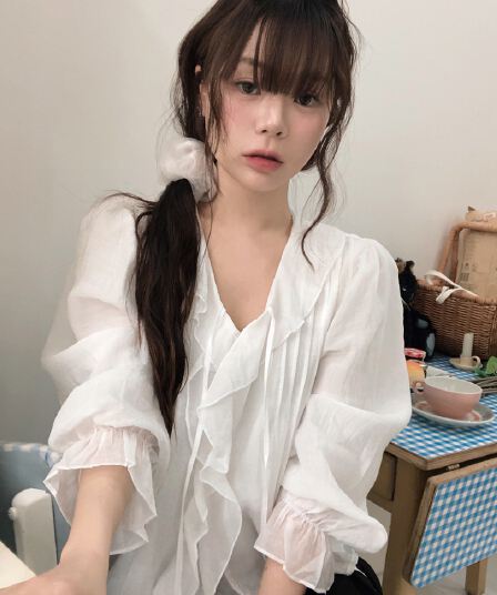 있음 창고 chic 달콤한 스타일 무거운 작업 플리츠 프릴 리본 얇은 스타일 여성 셔츠