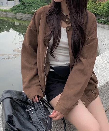 있음 선적 chic 가을 겨울 레트로 스탠드 칼라 지퍼 오토바이 재킷 여성 코트