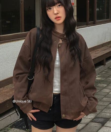 있음 선적 chic 가을 겨울 레트로 스탠드 칼라 지퍼 오토바이 재킷 여성 코트