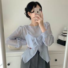 批发有货 chic 秋季韩东大门圆领长袖<b class='q'>雪纺</b>搭配花瓣边吊带背心<b class='q'>两件套</b>女