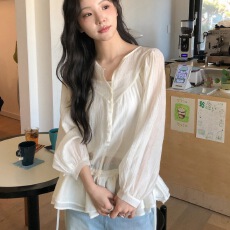 批发有货 chic  韩国设计感抽绳收腰荷叶边衬衫
