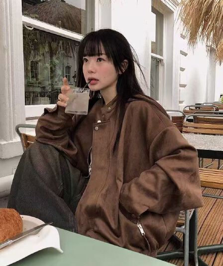 있음 선적 chic 가을 겨울 레트로 스탠드 칼라 지퍼 오토바이 재킷 여성 코트