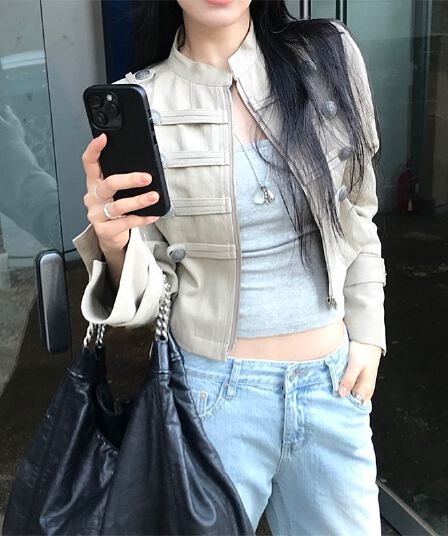 한국 chic 가을 작은 대중 레트로 Chic 단추 장식 루즈핏 다용도 긴팔 워크웨어 재킷 짧은 외투