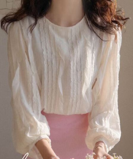 재고 있음 한 부서 빛 요리 한 프릴 패치워크 라운드 넥 긴팔 쉬폰 블라우스 셔츠