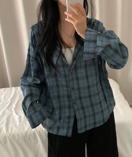재고 있음 한국 스타일 다용도 체크무늬 후드 셔츠 여성 코트 자외선 차단 체크무늬 긴팔 셔츠