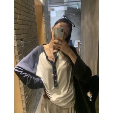 批发有货 26<b class='q'>韩国</b>东大门松弛感慵懒风薄款撞色插肩亨利领长袖<b class='q'>T</b><b class='q'>恤</b>女