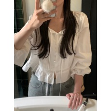 批发有货 2026东大门ins飘带甜美灯笼袖纽扣荷叶摆长袖<b class='q'>衬衫</b>女