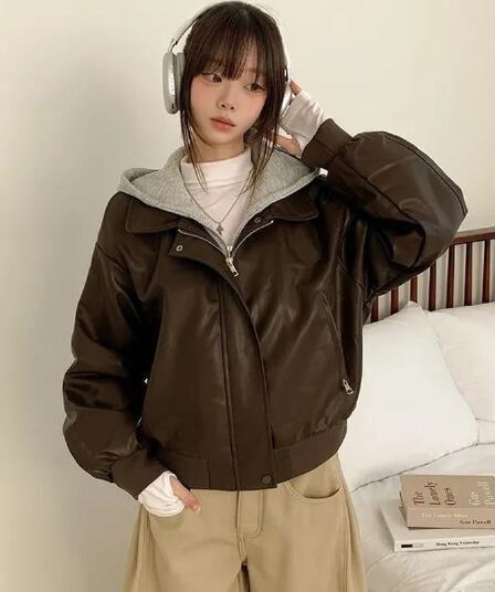 재고 있음 한국 chic 페이크 레이어드 후드 가죽 재킷 여성 코트 레트로 루즈핏 PU 가죽 오토바이 재킷