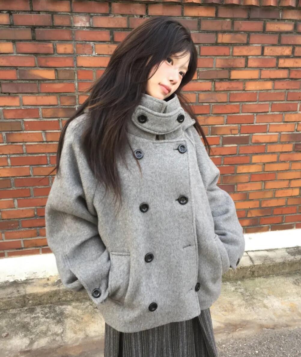 BY36845# 有货chic26韩版毛呢双排扣连帽加棉保暖外套  服裝批發女裝批發服飾貨源