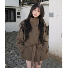 批发chic 26秋<b class='q'>冬</b> 法式复古大立领宽肩双排扣系腰风衣
