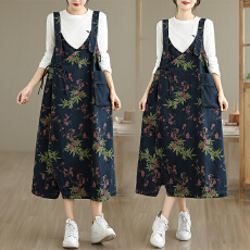 批发秋季新款实拍休闲大码水洗牛仔印花<b class='q'>背带</b>连衣裙女