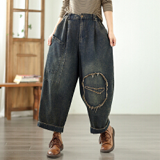 批发秋季新款实拍休闲时尚水洗大码<b class='q'>松紧腰</b>牛仔九分裤女