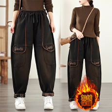 批发秋冬新款实拍牛仔加绒加厚休闲<b class='q'>松紧腰</b>牛仔九分裤女