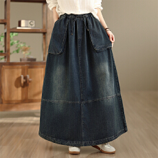 批发新款实拍复古大码松紧腰拼接水洗A字大摆裙女