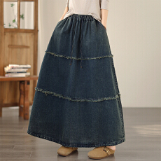 批发新款实拍春秋休闲宽松松紧腰牛仔水洗A字半身裙女