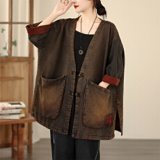 批发春季新款实拍复古水洗<b class='q'>牛仔</b>休闲<b class='q'>大码</b>拼接七分袖<b class='q'>牛仔</b><b class='q'>外套</b>女