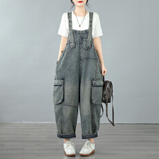 批发新款实拍休闲大码复古宽松显瘦牛仔九分<b class='q'>背带裤</b><b class='q'>女</b>