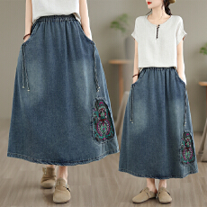 批发新款实拍<b class='q'>文艺</b><b class='q'>范</b>休闲显瘦牛仔绣花松紧腰A字半身裙女