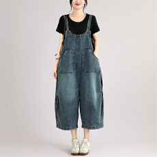 批发实拍新款复古牛仔<b class='q'>背带裤</b>女宽松时尚显瘦文艺女装七分裤