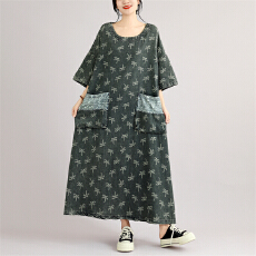 批发实拍新款复古牛仔风印花 <b class='q'>大码</b> 连衣裙女宽松短袖中长款口袋 裙