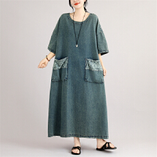 批发实拍新款复古水洗 舒适品质<b class='q'>大码</b>牛仔连衣裙女短袖宽松显瘦中长款