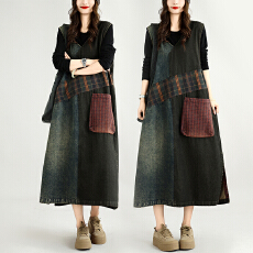 批发新款复古老布拼接牛仔<b class='q'>背心裙</b>女 宽松休闲前后两穿<b class='q'>无袖</b>连衣裙