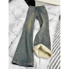 批发加绒加厚复古蓝直筒<b class='q'>牛仔裤</b>女秋冬2025新款宽松阔腿显瘦微喇马蹄裤